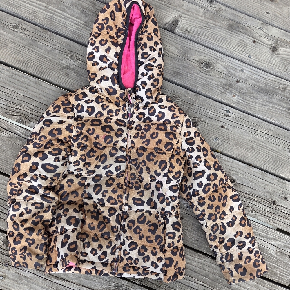Faded Glory Girls' Leopard Print Puffer Jacket with Pink Hood Lining